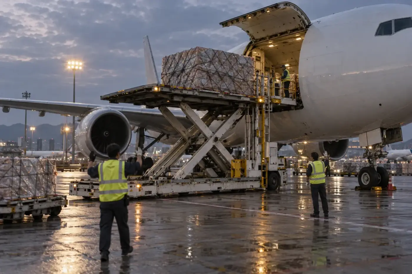 Ground crew load a cargo pallet onto a freighter aircraft