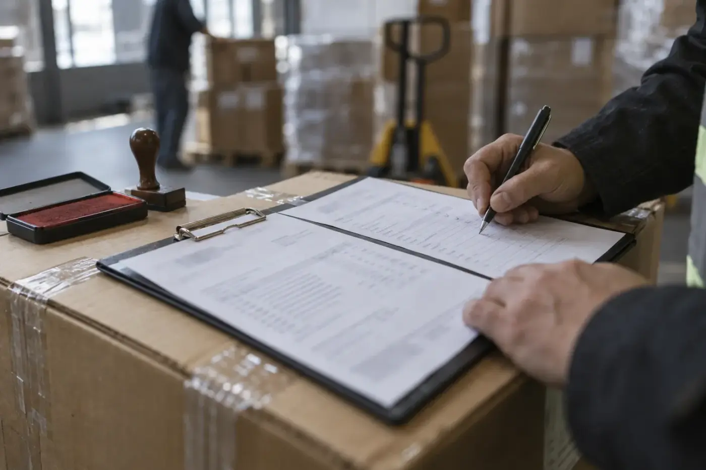 A hand checks a packing list on top of a sealed carton