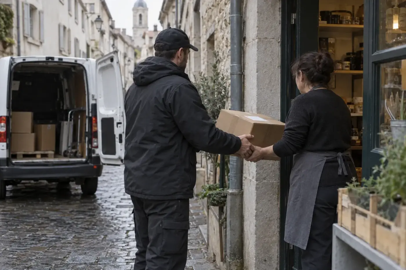 A driver hands a carton to a shop owner at the door