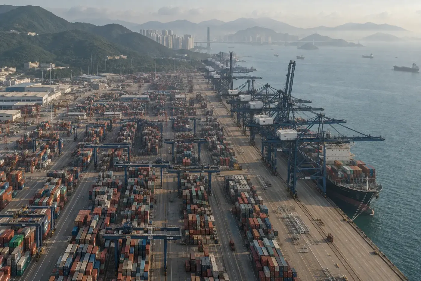 A container terminal with cranes and a ship at the berth