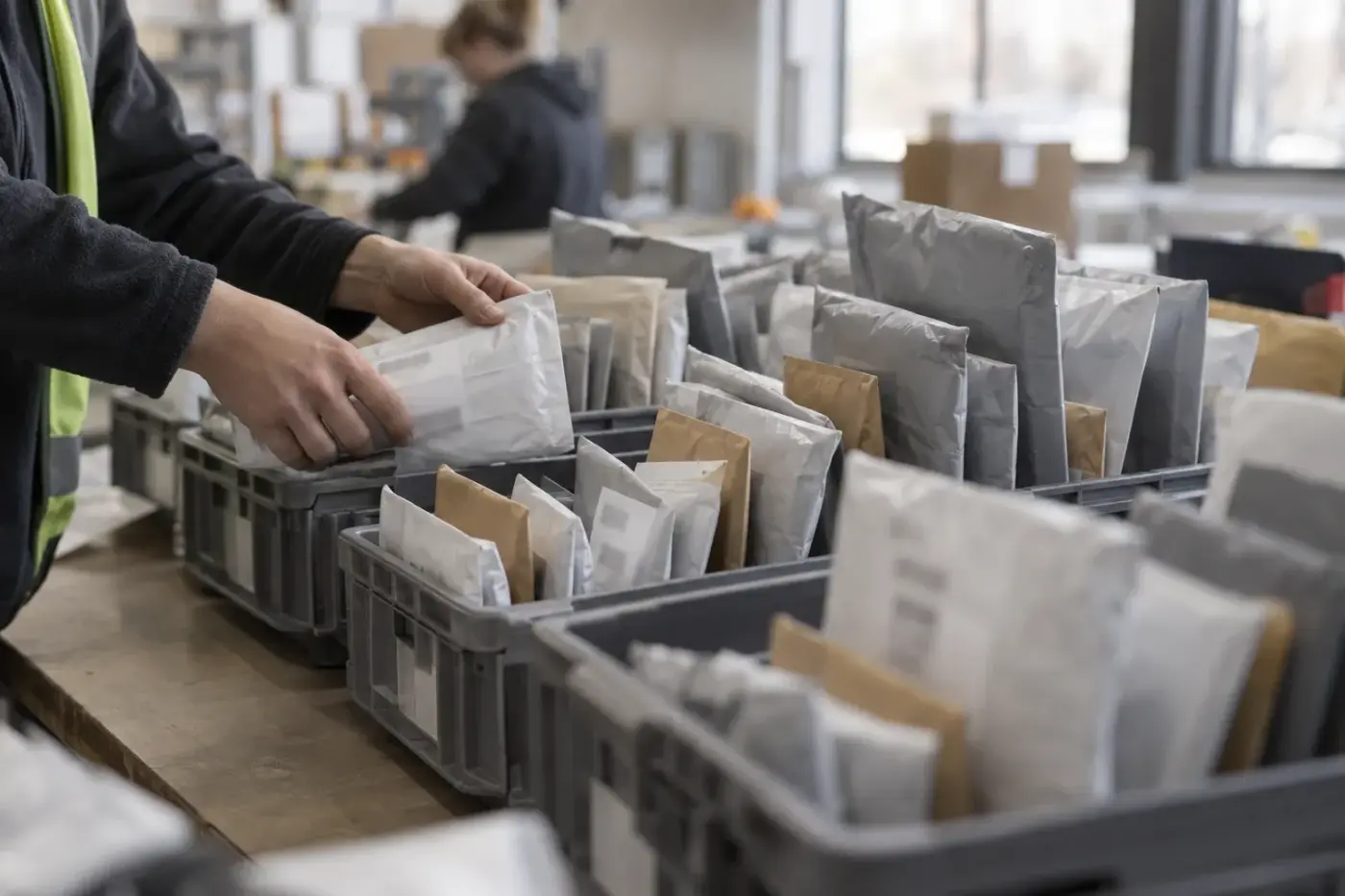 Small parcels sorted upright in postal trays, for shipping from China to the Netherlands