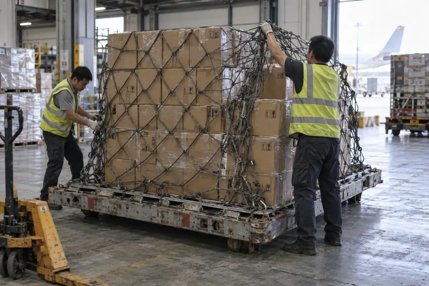 Two workers pull a net over a pallet of cartons for air cargo